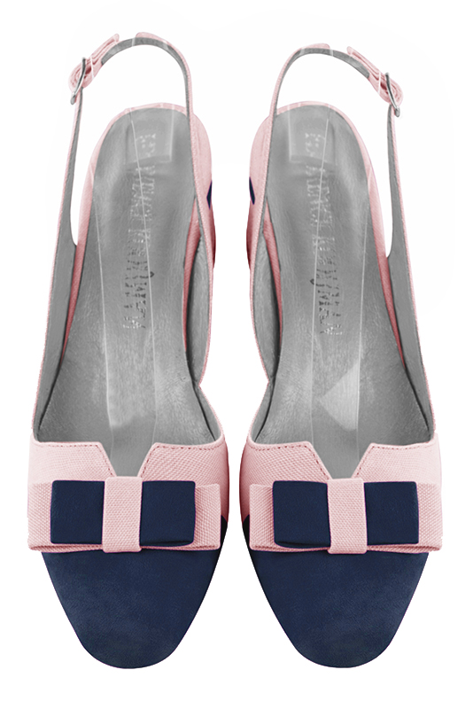 Navy blue and light pink women's open back shoes, with a knot. Round toe. Low flare heels. Top view - Florence KOOIJMAN